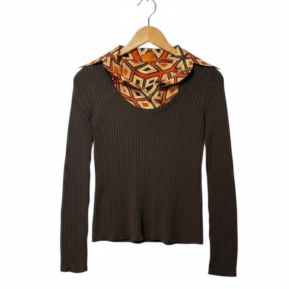 Tory Burch Silk Collar Layered Sweater Brown Orange Retro Mod Hippie Size XS